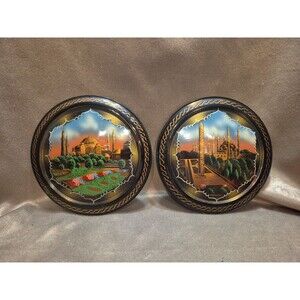 Mid Century Etched Copper Enamel Plates Istanbul Palaces Wall Art 9.25" Set Of 2